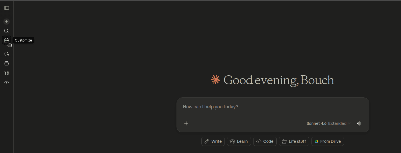 Claude.ai sidebar with the Customise icon highlighted.