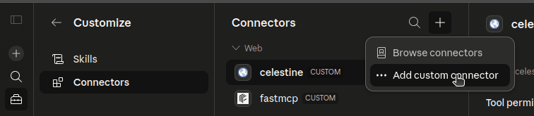 Connector menu with the Add custom connector option visible.