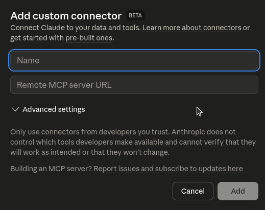 Custom connector dialog with name and URL fields.