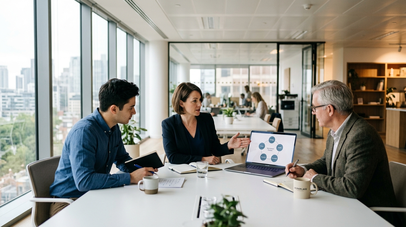 Three professionals reviewing an AI adoption framework on a laptop in a modern office meeting